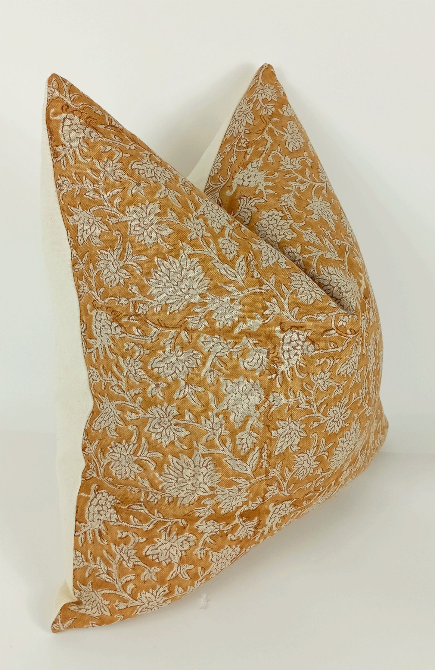 Mustard Block Print Pillow - Yellow Floral Pattern Cushion With Linen Front