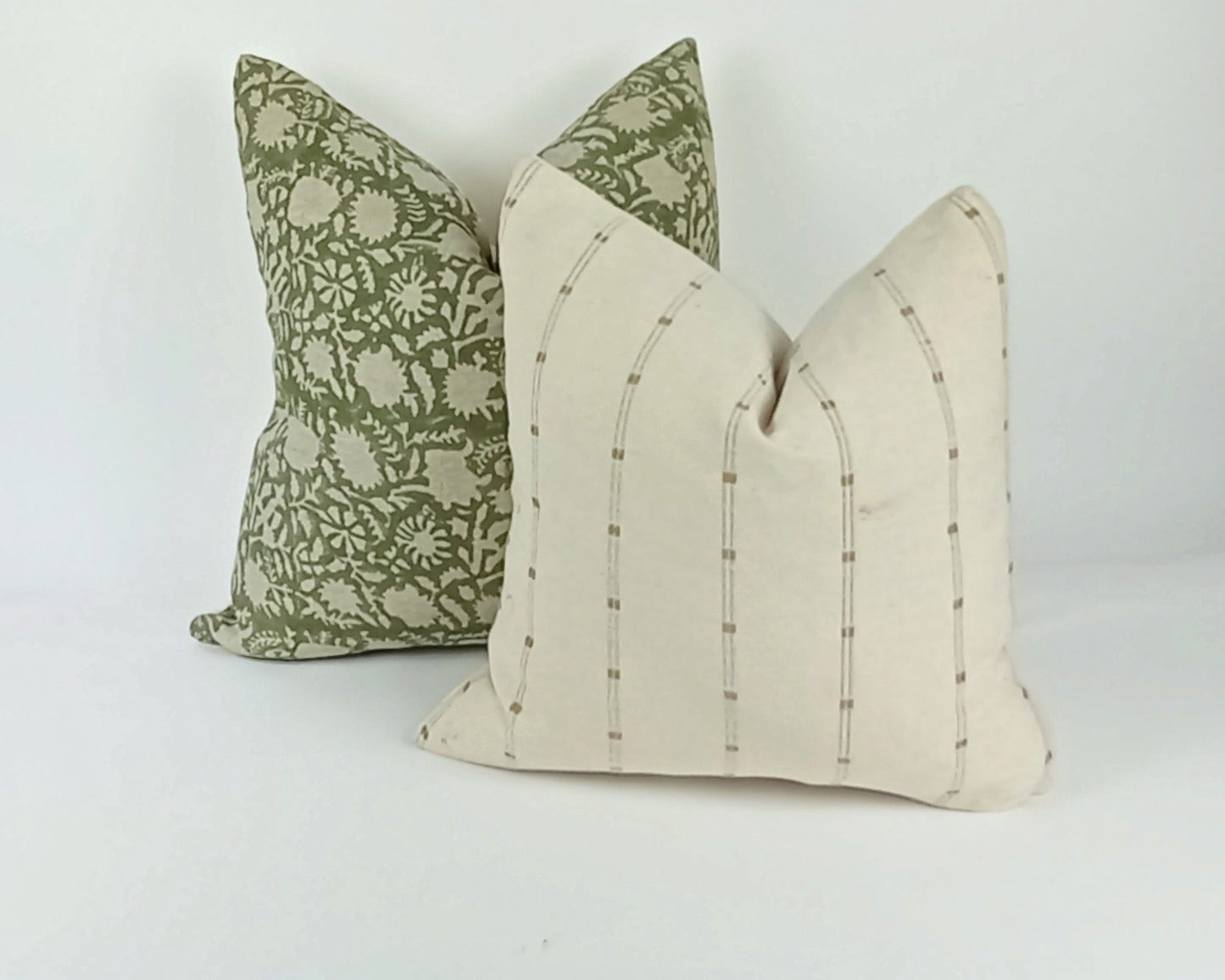 Green Floral Pillow - Hand Printed Block Print Cushion With Linen & Cotton Canvas