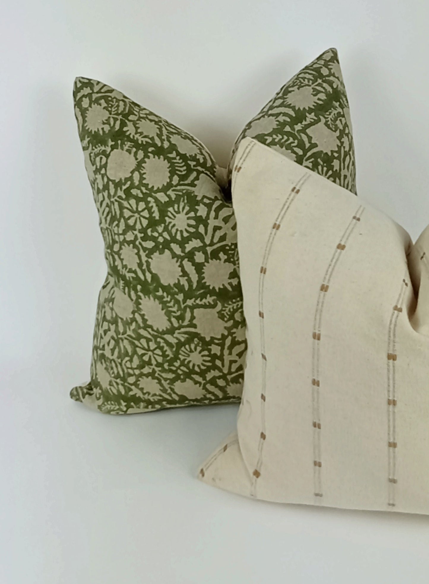 Green Floral Pillow - Hand Printed Block Print Cushion With Linen & Cotton Canvas