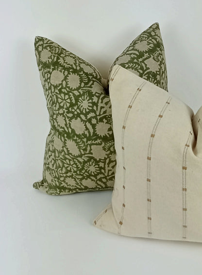 Green Floral Pillow - Hand Printed Block Print Cushion With Linen & Cotton Canvas