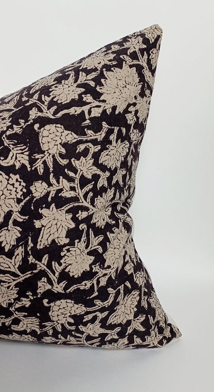 Block Print Pillow - Long Lumbar Linen Cushion With Black Floral Design