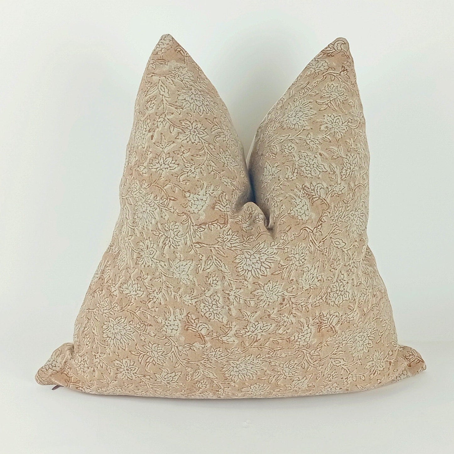 Block Print Pillow – Pink Floral Pattern Pillow With Linen Fabric & Cotton Canvas Backing