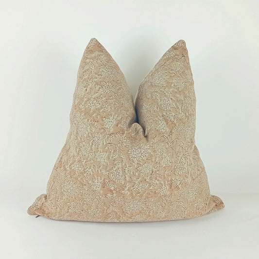 Block Print Pillow – Pink Floral Pattern Pillow With Linen Fabric & Cotton Canvas Backing