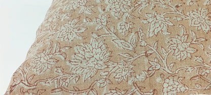Block Print Pillow – Pink Floral Pattern Pillow With Linen Fabric & Cotton Canvas Backing