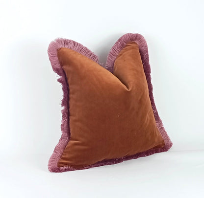 Rust Velvet Throw Pillow - Copper Velvet Fringe Cushion - Brown Velvet Pillow