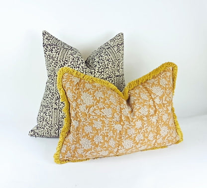 Block Print Pillow - Mustard Linen Cushion With Floral Hand Printed Fabric & Cotton Fringe