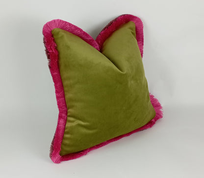 Olive Green Velvet Throw Pillow – Chartreuse Fringe Velvet Cushion