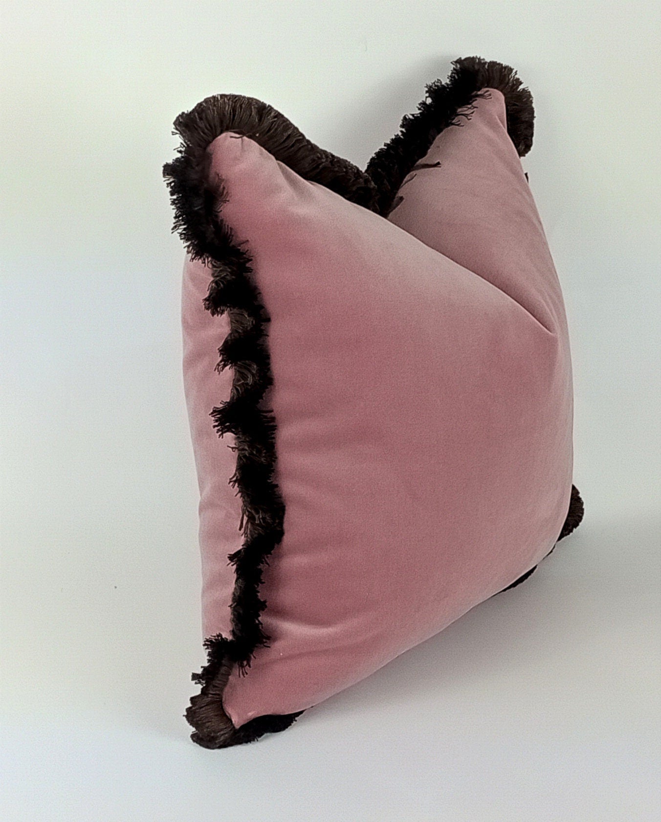 Pink Velvet Throw Pillow - Blush Pink Velvet Cushion With Brown Fringe