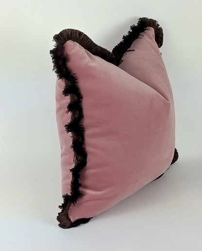 Pink Velvet Throw Pillow - Blush Pink Velvet Cushion With Brown Fringe
