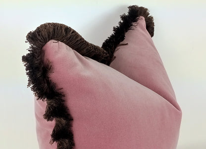 Pink Velvet Throw Pillow - Blush Pink Velvet Cushion With Brown Fringe