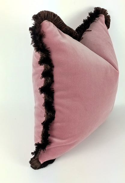Pink Velvet Throw Pillow - Blush Pink Velvet Cushion With Brown Fringe