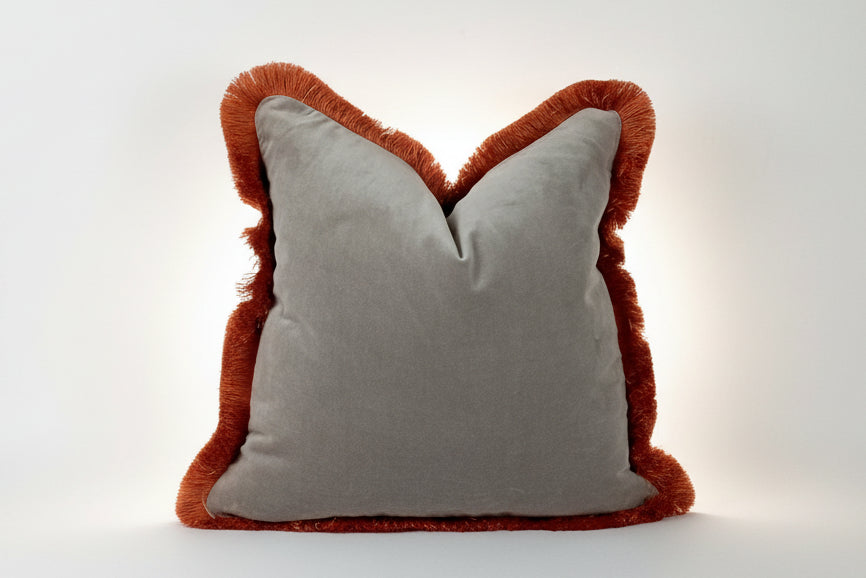 Grey Velvet Pillow - Velvet Throw Pillow With Orange Fringed Cushion & Brush Fringe Trim