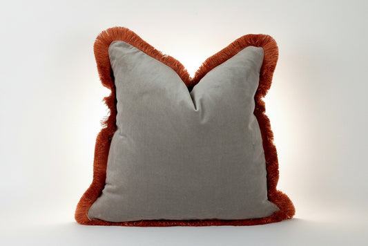 Grey Velvet Pillow - Velvet Throw Pillow With Orange Fringed Cushion & Brush Fringe Trim