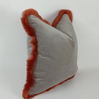 Grey Velvet Pillow - Velvet Throw Pillow With Orange Fringed Cushion & Brush Fringe Trim