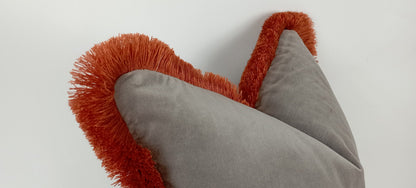 Grey Velvet Pillow - Velvet Throw Pillow With Orange Fringed Cushion & Brush Fringe Trim