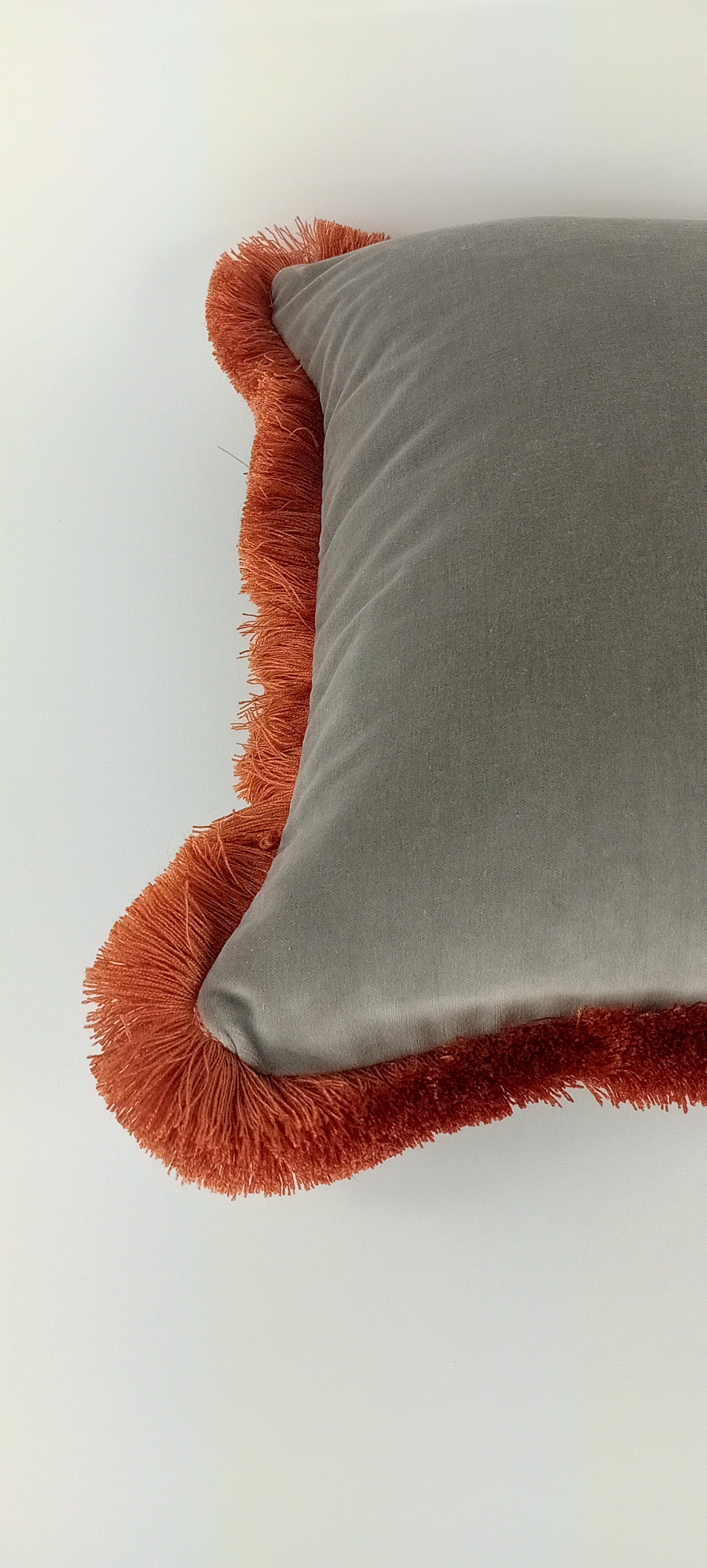 Grey Velvet Pillow - Velvet Throw Pillow With Orange Fringed Cushion & Brush Fringe Trim