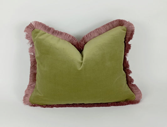 Velvet Fringe Pillow - Sage Green Pink Velvet Cushion With Soft Fringe Trim