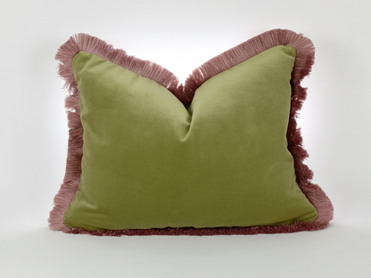 Velvet Fringe Pillow - Sage Green Pink Velvet Cushion With Soft Fringe Trim