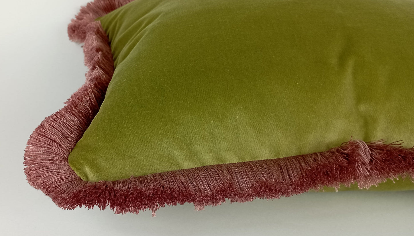 Velvet Fringe Pillow - Sage Green Pink Velvet Cushion With Soft Fringe Trim