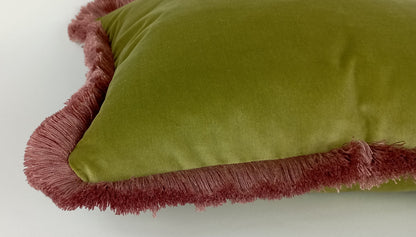 Velvet Fringe Pillow - Sage Green Pink Velvet Cushion With Soft Fringe Trim