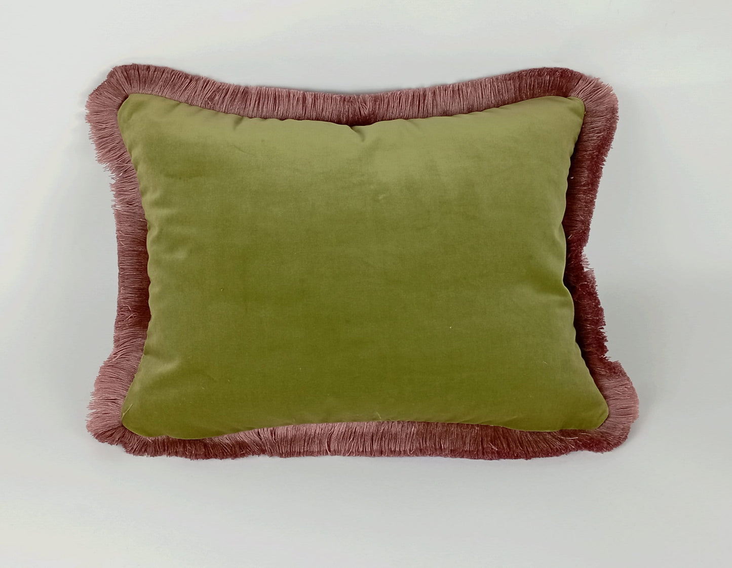 Velvet Fringe Pillow - Sage Green Pink Velvet Cushion With Soft Fringe Trim