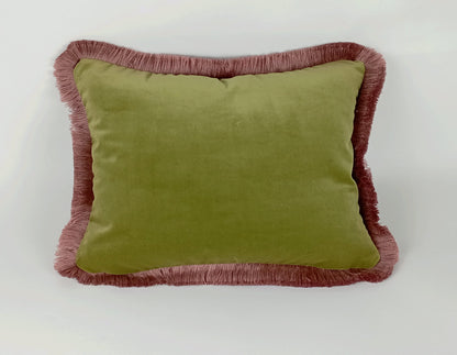 Velvet Fringe Pillow - Sage Green Pink Velvet Cushion With Soft Fringe Trim