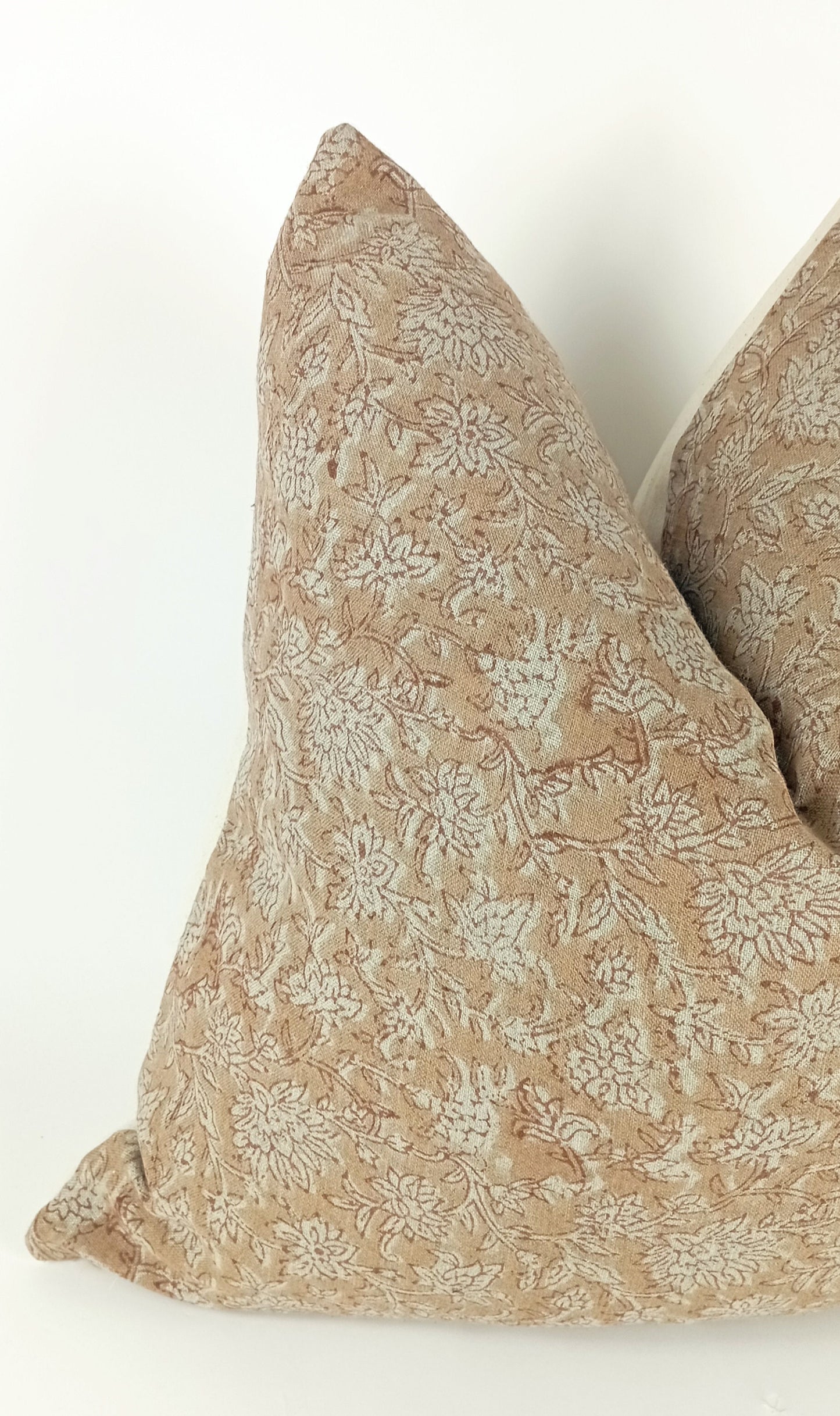 Block Print Pillow – Pink Floral Pattern Pillow With Linen Fabric & Cotton Canvas Backing