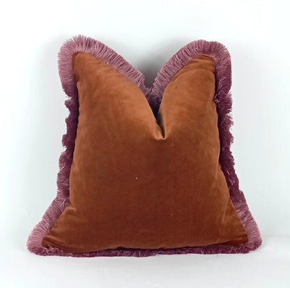 Rust Velvet Throw Pillow - Copper Velvet Fringe Cushion - Brown Velvet Pillow