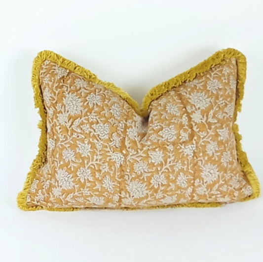 Block Print Pillow - Mustard Linen Cushion With Floral Hand Printed Fabric & Cotton Fringe