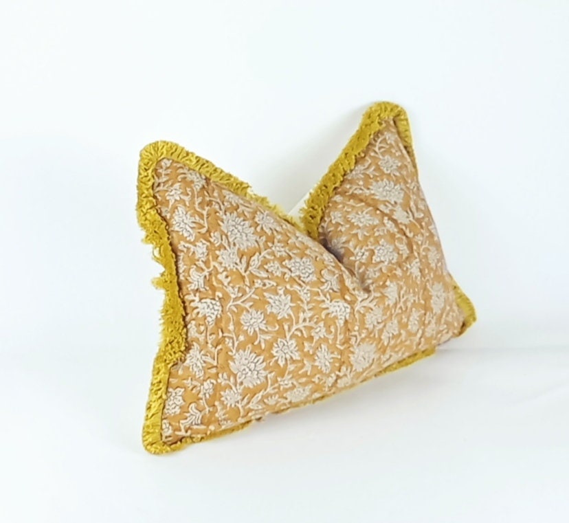 Block Print Pillow - Mustard Linen Cushion With Floral Hand Printed Fabric & Cotton Fringe