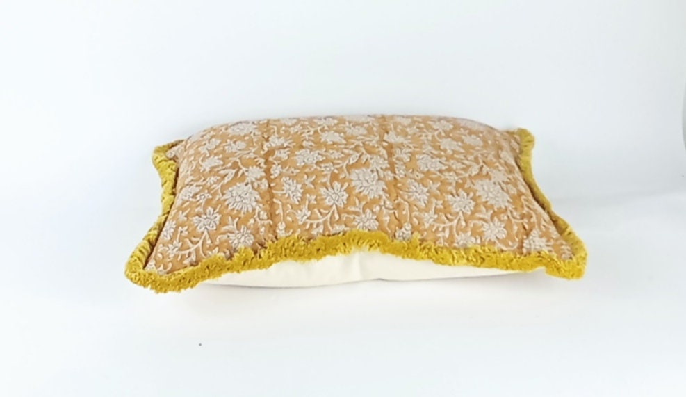 Block Print Pillow - Mustard Linen Cushion With Floral Hand Printed Fabric & Cotton Fringe
