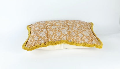 Block Print Pillow - Mustard Linen Cushion With Floral Hand Printed Fabric & Cotton Fringe