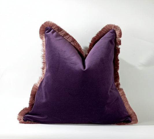 Purple Velvet Pillow - Plum Velvet Cushion With Pink Brush Fringe Trim