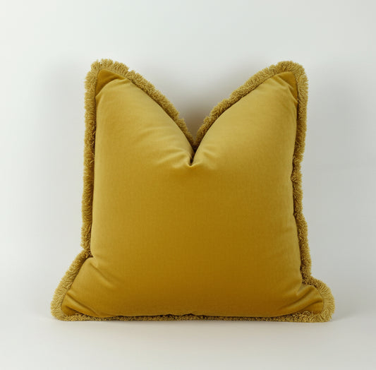 Yellow Velvet Pillow - Brush Fringe Cushion With Soft Cotton Fringe Trim