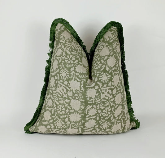 Green Block Print Pillow – Floral Block Cushion With Soft Fringed Trim