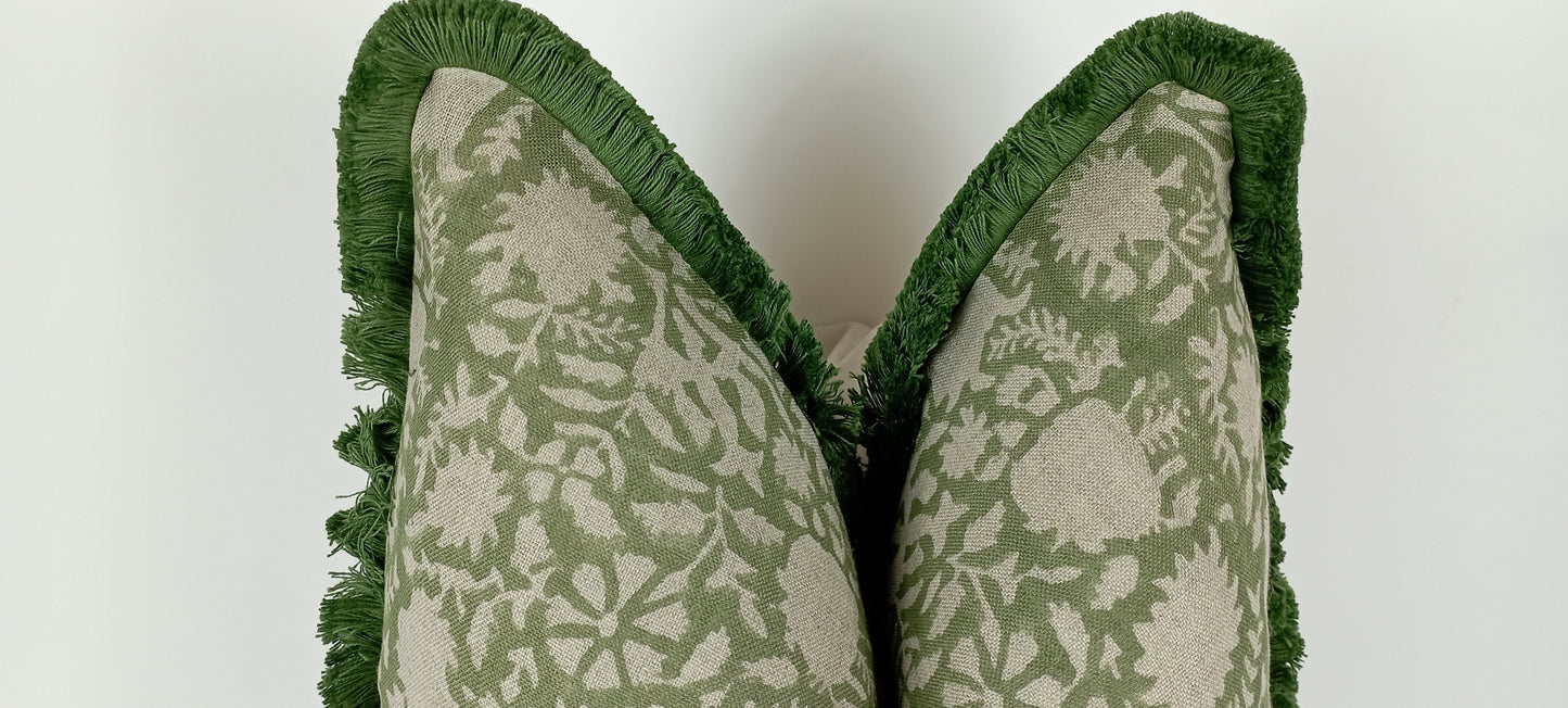 Green Block Print Pillow – Floral Block Cushion With Soft Fringed Trim