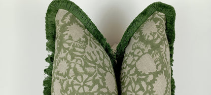 Green Block Print Pillow – Floral Block Cushion With Soft Fringed Trim