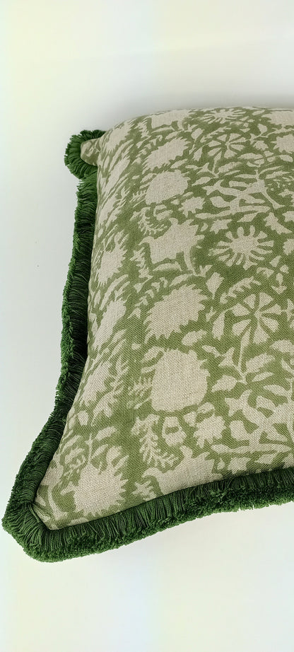 Green Block Print Pillow – Floral Block Cushion With Soft Fringed Trim