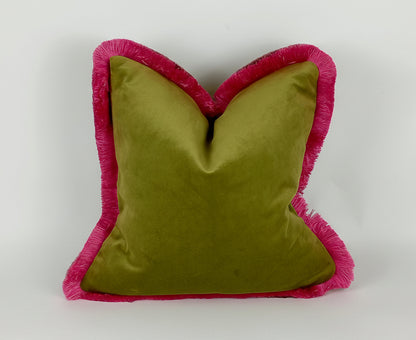 Olive Green Velvet Throw Pillow – Chartreuse Fringe Velvet Cushion