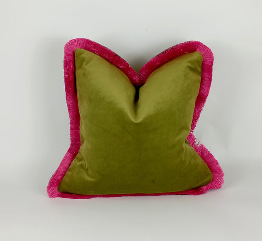 Olive Green Velvet Pillow – Pink Fringe Cushion | Soft Cotton Velvet Throw Pillow