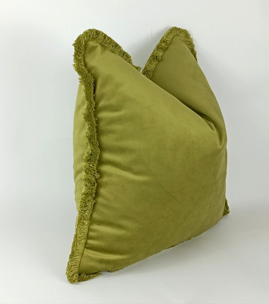 Green Velvet Cushion – Chartreuse Brush Fringe Pillow | Luxury Decorative Throw