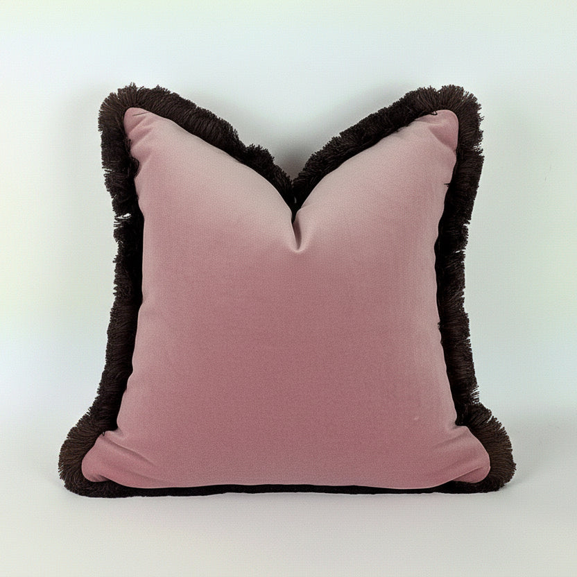 Pink Velvet Throw Pillow - Blush Pink Velvet Cushion With Brown Fringe