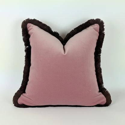 Pink Velvet Throw Pillow - Blush Pink Velvet Cushion With Brown Fringe