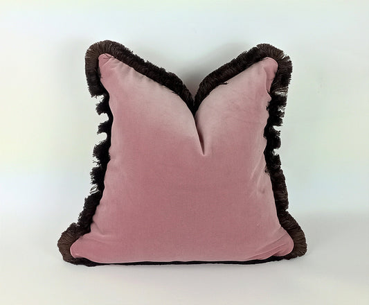 Pink Velvet Pillow - Soft Velvet Cushion With Brown Fringed Trim & Brush Fringe