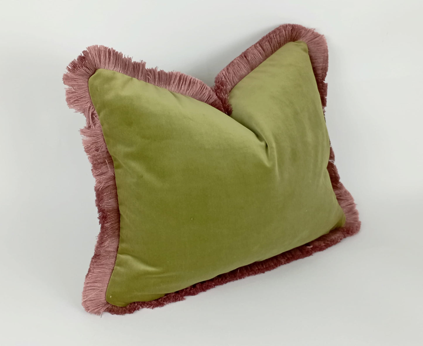 Velvet Fringe Pillow - Sage Green Pink Velvet Cushion With Soft Fringe Trim