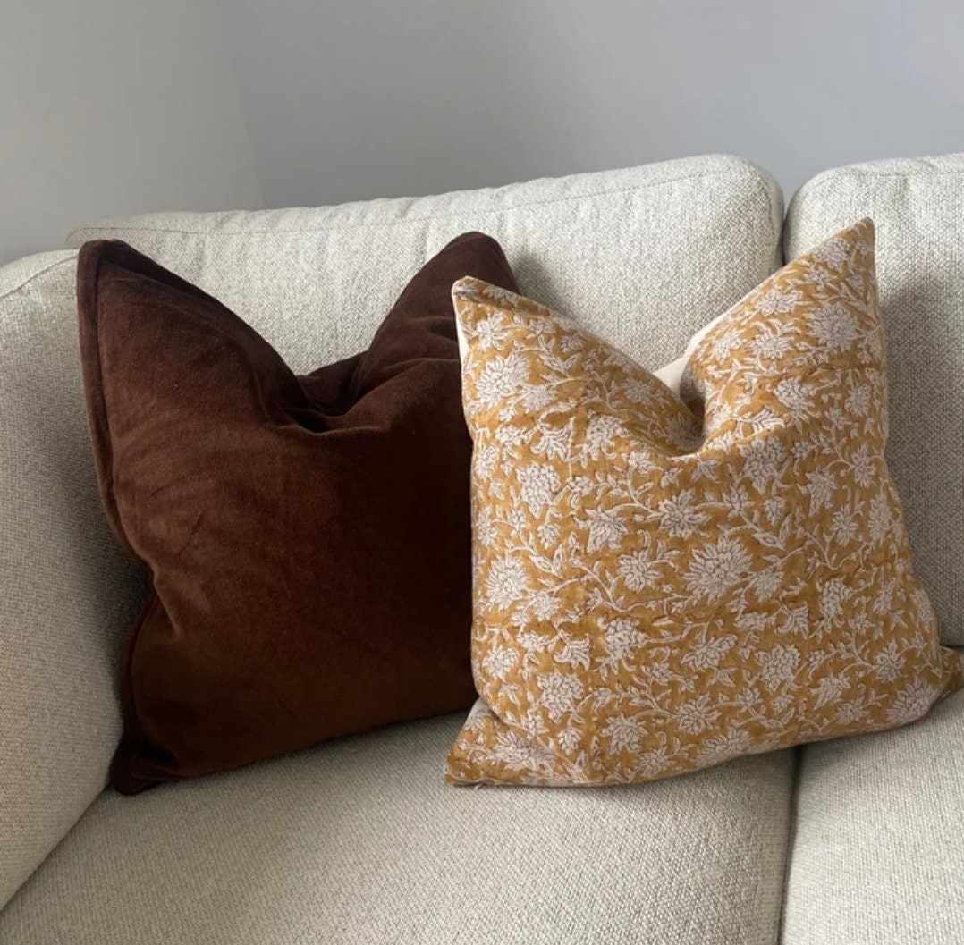 Mustard Block Print Pillow - Yellow Floral Pattern Cushion With Linen Front