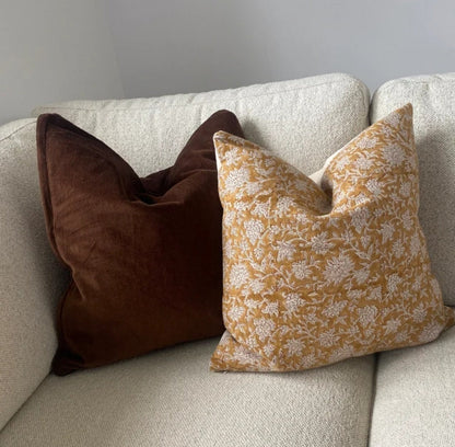 Mustard Block Print Pillow - Yellow Floral Pattern Cushion With Linen Front