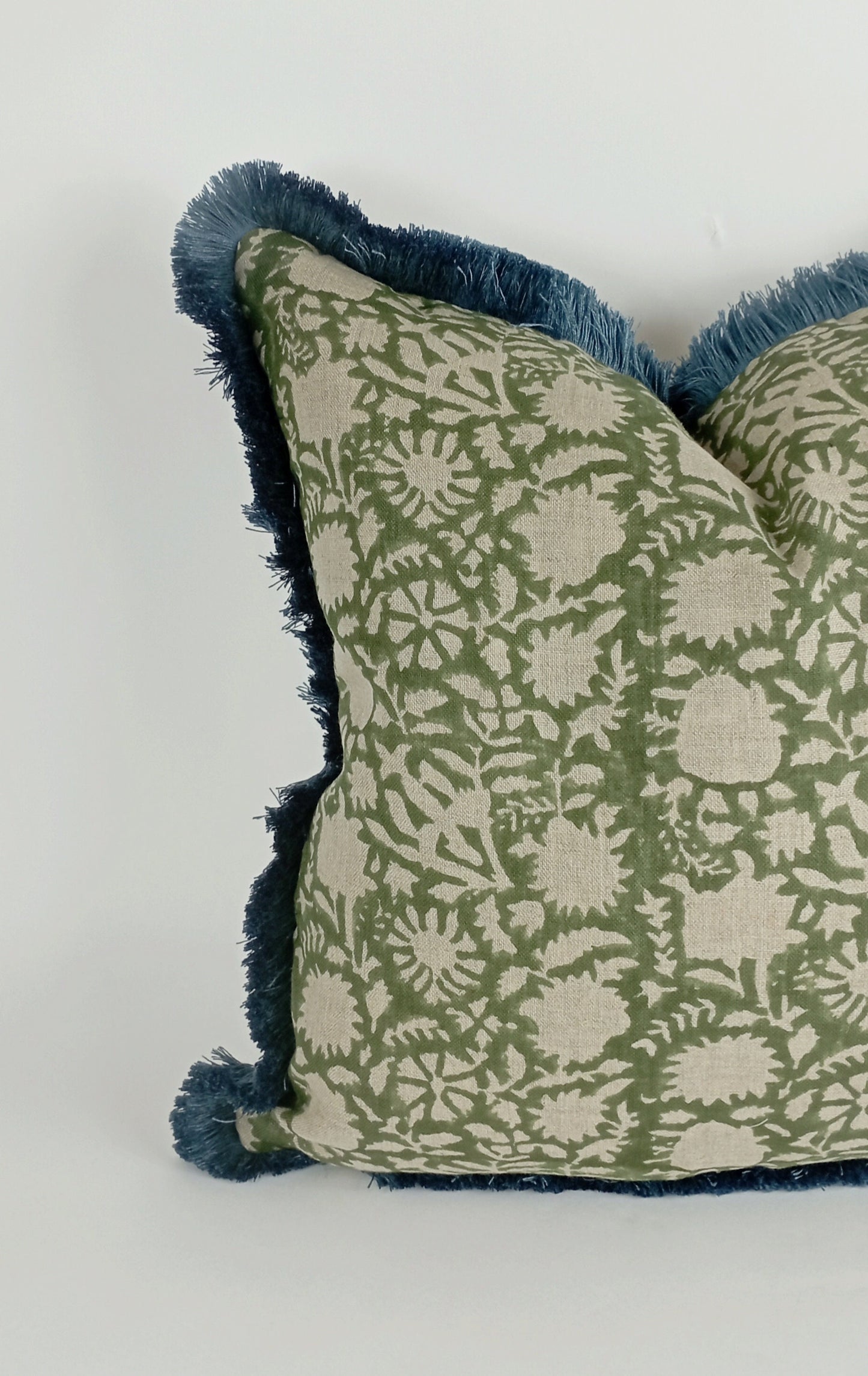Block Print Pillow – Green Floral Lumbar Cushion With Blue Fringe Trim