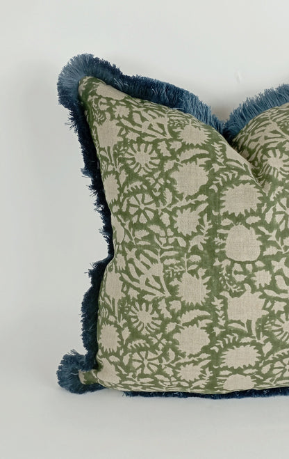 Block Print Pillow – Green Floral Lumbar Cushion With Blue Fringe Trim