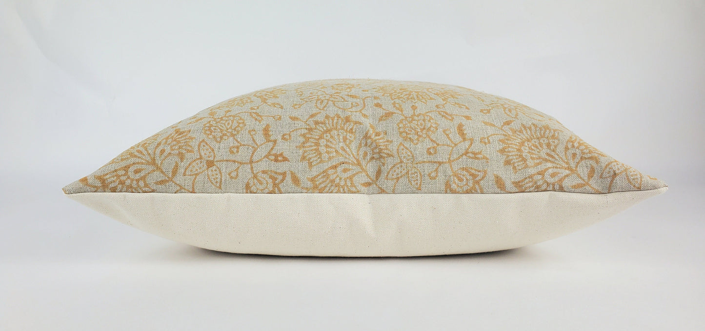 Block Print Pillow - Mustard Floral Linen Cushion With Cotton Canvas Backing